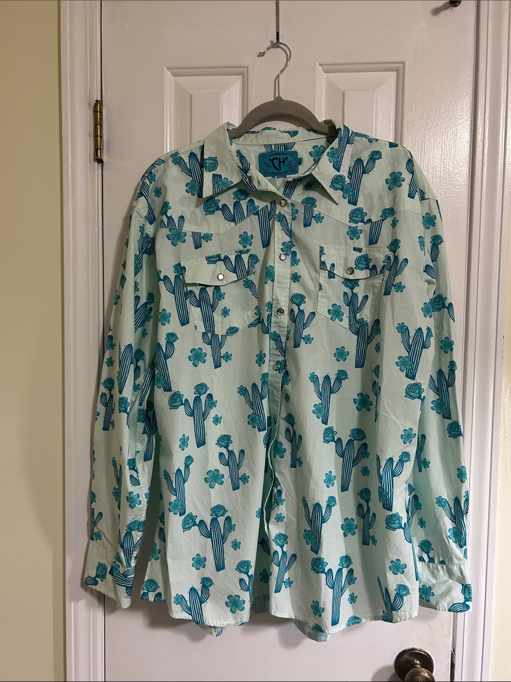 CH Cowgirl Hardeare, Womens Turquoise Cactus Print Western Shirt, XXL